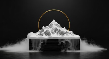 A majestic snowcapped mountain emerges from a dark platform, encircled by a golden ring and surrounded by mist