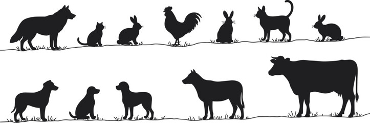 Silhouettes of domestic and wild animals standing on grassy field, black figures on white background, pet and livestock illustration setSilhouettes of domestic and wild animals 