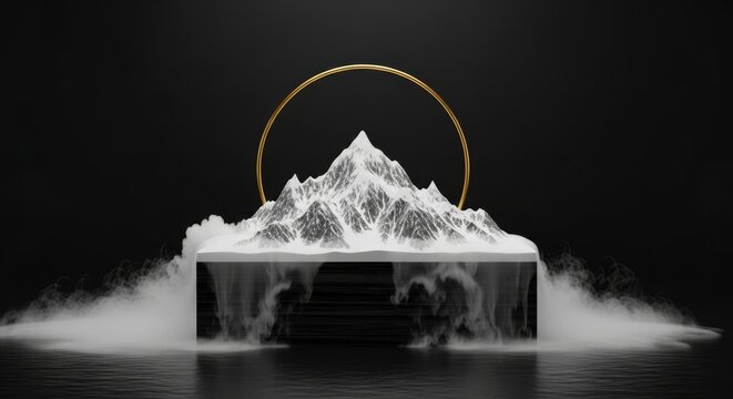 A majestic snowcapped mountain emerges from a dark platform, encircled by a golden ring and surrounded by mist