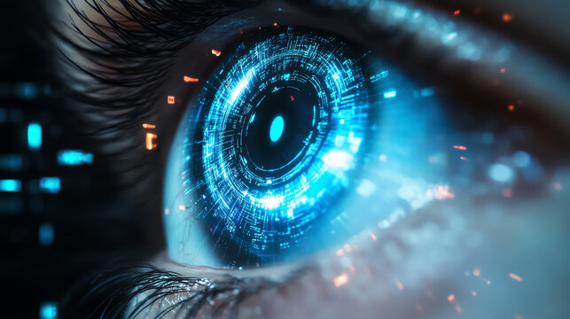 Human eye reflected in AI surveillance lens, moral dilemma of observation
