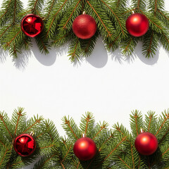 Overhead festive banner shot of fir twigs with glossy red baubles and copy space in center. Bright natural light copy