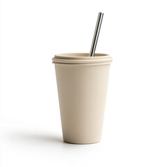 Beige reusable cup with silver metal straw on white background travel mug coffee cup