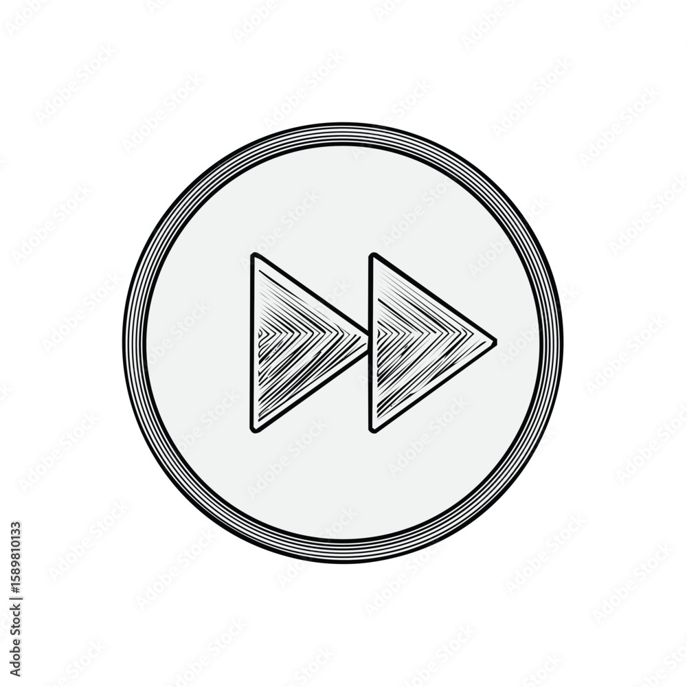 Poster forward symbol inside a circle with a striped pattern on a white background