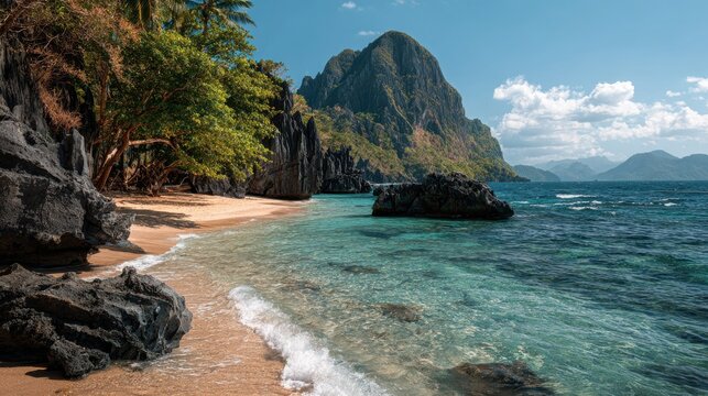 Beach landscape in Palawan island, Philippines. Seven Commandos Beach., no logos, no brands