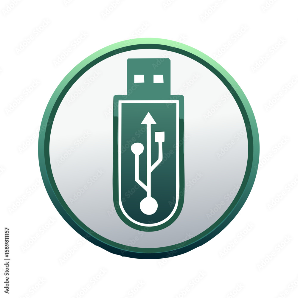 Poster usb icon with green gradient border on a white button: data transfer and connection