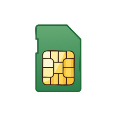 SIM card design: Microchip, connection, and technology component icon in green and yellow.