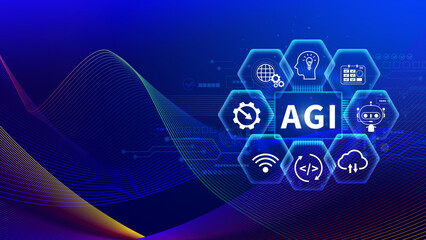 AGI concept, Artificial general intelligence, AI knowledge learning technology, AGI is the future of modern world, combination of humans and AI
