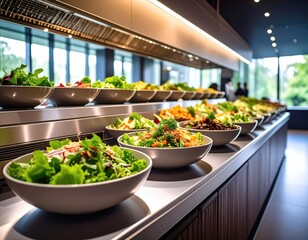 Buffet of various salads, modern setting