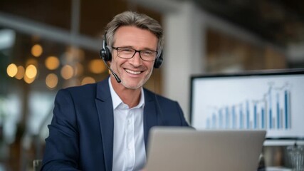 Businessman with headset analyzes investment strategies using financial graphs and forecasts during a video call in a modern office. - Powered by Adobe