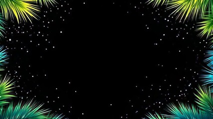 A magnificent Feather Border Frame drifting in gentle animations features bright splashes of chartreuse and sapphire twinkling like stars, their delicate movements creating a feeling of