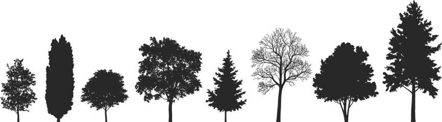Obraz premium Tree silhouettes cad drawing flat vector illustration, diverse cartoon-style forest trees in lineupTree silhouettes cad drawing flat vector illustration, diverse cartoon-style forest trees in lineup