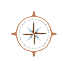 Illustration of a stylized compass rose with cardinal directions and pointer arrows for navigation on sea travel and map reading design asset