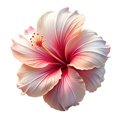A beautiful hibiscus flower displays delicate pink and white petals with a vibrant center isolated on transparent background