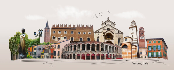 Verona tourist landmarks postcard, Veneto region of Italy. Colorful old houses on the Verona's street at Italy - collage or art design © Solarisys