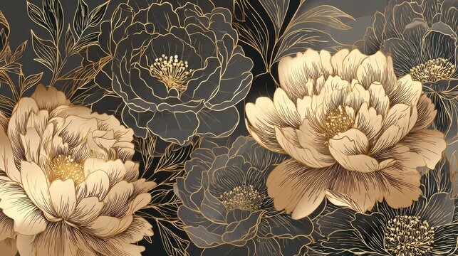 Luxury gold floral background vector. Golden gradient Roses and peonies flower line art wallpaper design for prints, cover, wall arts, greeting card, wedding cards, invitation., no logos, no brands