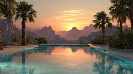 Sunset serenity by the pool, palm trees and mountains.