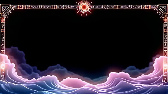 Enveloped in a serene ambiance, a delicate Runic Border Frame inscribed with glowing glyphs forms a luminous halo, while soft waves of pastel colors undulate gracefully around the edges,