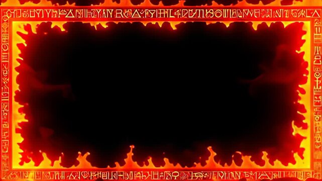 Picture a Runic Border Frame inscribed with glowing glyphs, enveloped in a dance of fiery reds and oranges, where flickering embers rise gracefully, illuminating the frame with a warm glow,