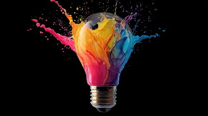 Creative light bulb explodes with colorful paint and splashes on a black background. Think differently creative idea concept