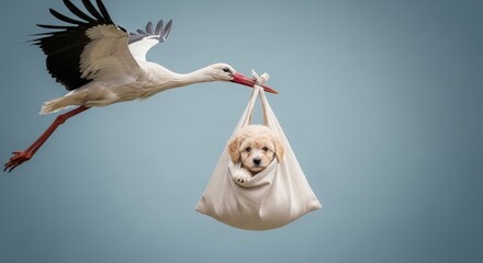 A White stork carries a newborn baby puppy in a cloth bundle, symbolizing the classic folklore of storks delivering babies © AC's Inspired Images