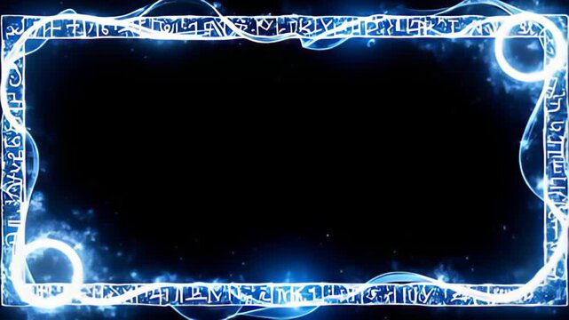 Picture a Runic Border Frame inscribed with glowing glyphs, accentuated by a spiral of pulsating light that transitions from deep blue to bright white, creating a hypnotic effect, while the
