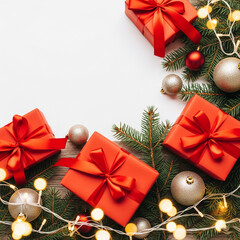 Overhead festive flatlay of red gift boxes, fir branches, baubles on rustic wood. Warm string lights and copy space copy