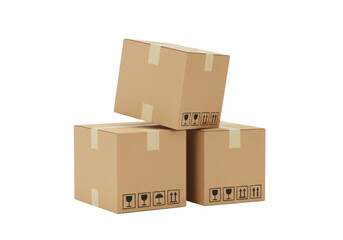 Fototapeta premium Three new brown cardboard shipping boxes with black fragile and 'this way up' symbols, sealed with beige tape, stacked precariously against a transparent background with copy space, concept of