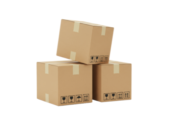 Three new brown cardboard shipping boxes with black fragile and 'this way up' symbols, sealed with beige tape, stacked precariously against a transparent background with copy space, concept of
