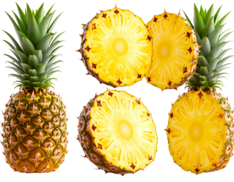 Set Sliced 3D Pineapple Half with Juicy Inner Texture and Glossy Finish, Angled Side View, Isolated on Transparent Background