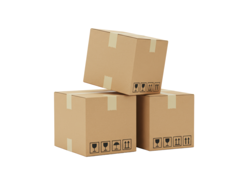 Three new brown cardboard shipping boxes with black fragile and 'this way up' symbols, sealed with beige tape, stacked precariously against a transparent background with copy space, concept of - Powered by Adobe