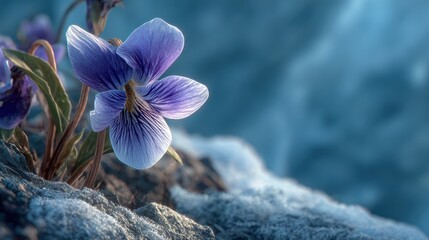 Delicate flower in bloom growing on harsh tundra rock cliff, violet blue petals, ice cold winter morning, panoramic macro closeup - generative AI.