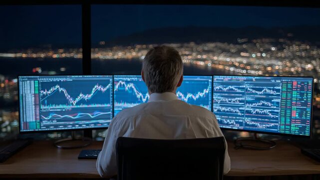 Corporate executive analyzes dynamic stock charts on an ultrawide screen with a digital newsfeed and real-time global market indicators.