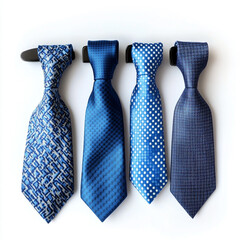 Four Blue Neckties with Different Patterns Hanging on Hooks fashion accessory