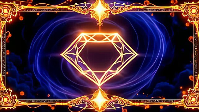 The radiant Runic Border Frame inscribed with glowing glyphs harbors a central diamond of light, as rich gold and deep indigo hues swirl harmoniously; their graceful dance against the