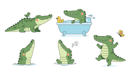 Fototapeta premium Adorable cartoon alligators engage in various playful activities a delightful collection of playful reptile illustrations