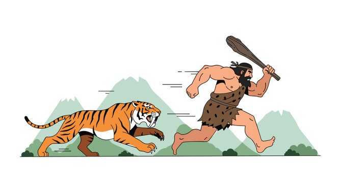 Prehistoric man with club pursued by large tiger through lush green landscape