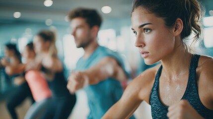 Obraz premium fitness, sport and healthy lifestyle concept - group of people exercising in gym, no logos, no brands