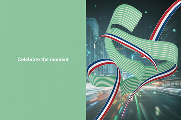 Celebrate a moment with a festive ribbon design against a vibrant urban backdrop, perfect for invitations or promotional materials.