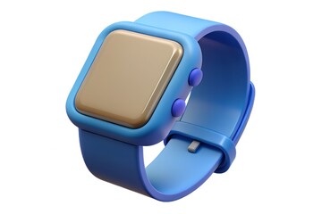 Stylized blue smartwatch with gold screen and purple buttons on white background