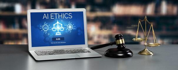 AI ethics responsibility standard law and rules on computer screen provide report of AI ethic...