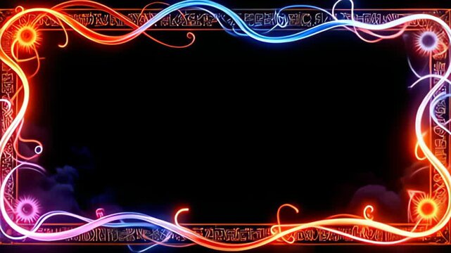 A Runic Border Frame inscribed with glowing glyphs dynamically shifts and morphs, surrounded by vibrant arcs of radiant light that trail gracefully, embodying movement and energy, perfectly