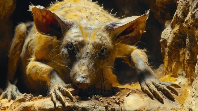 Enigmatic Creature in its Lair: A Close-Up of a Strange Mammal