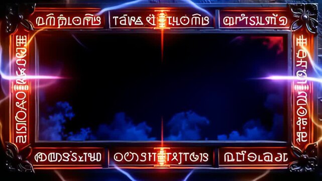 Suspended in a mystical ambiance, a Runic Border Frame inscribed with glowing glyphs glows, encased in softly oscillating layers of colorful luminescence, crafting a serene atmosphere that