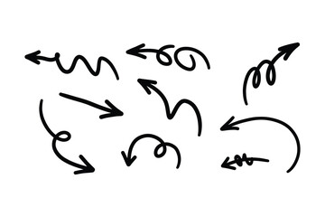 Obraz premium Various hand drawn black arrows pointing in different directions on a plain white background illustration