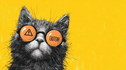 cute cat in sunglasses with caution sign illustration, no logos, no brands