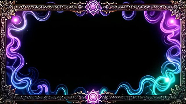 The elegant Runic Border Frame inscribed with glowing glyphs stands tall, encapsulating swirling nebulae of violet and emerald colors, as soft pulses of intricate animations dance