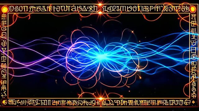 Transformative energy encapsulates the space as a Runic Border Frame inscribed with glowing glyphs manifests, with a kaleidoscope of colors radiating from the center, accompanied by
