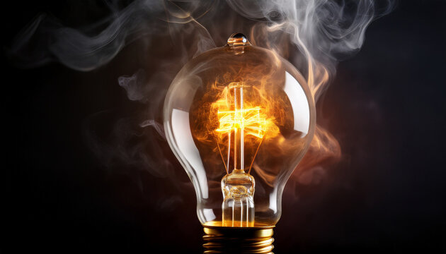 burning incandescent light bulb with glowing filament and smoke on dark background