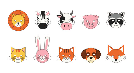 Collection of cute cartoon animal faces for childrens educational content and farmyard themes