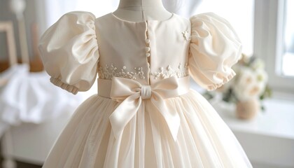 Cream-colored child's dress, back view